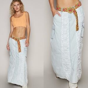 POL Denim Crochet Long Skirt Light Blue NEW